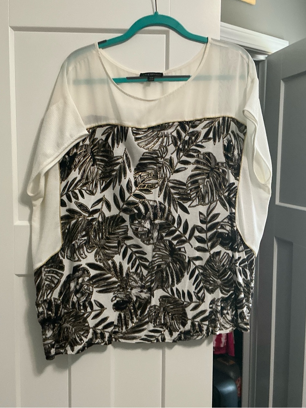 Lane Bryant White Top with Black and Gold Leaf Print